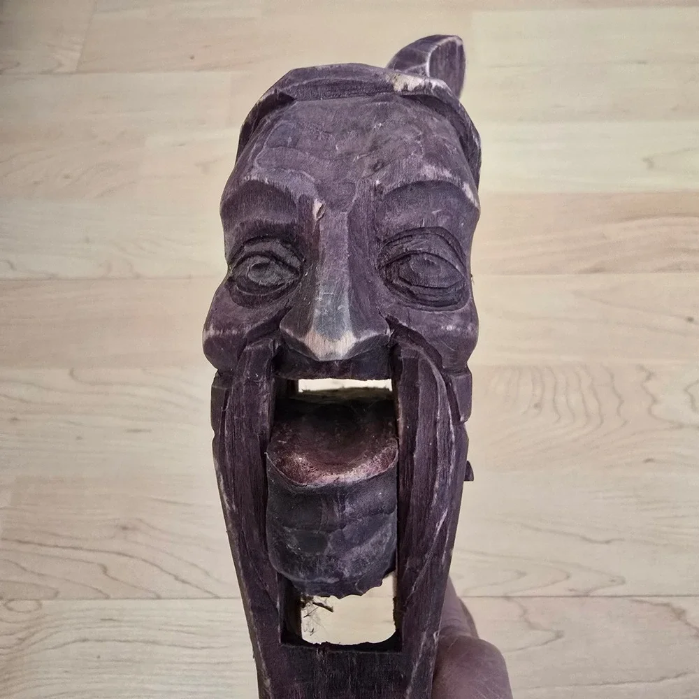 Vintage Hand Carved Wooden Nutcracker Man Face Folk Art Rustic Decor Brown